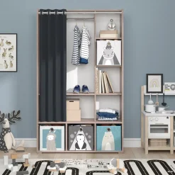 Kinderkleiderschrank Kinderzimmerschrank Kindergarderobe Luigi Sonoma Faltbox 106 x 178 cm modern Schrankregal Jugendzimmerschrank Organizer Vorhang Kleiderstange Fächer Aufbewahrung Spielzeugablage ^ Vicco Best