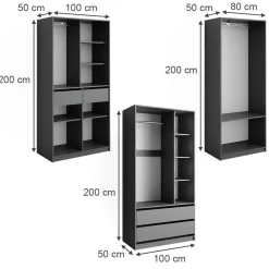 Kleiderschrank Elmo Anthrazit 100 x 200 cm Set mit 3 Teile ^ Vicco New