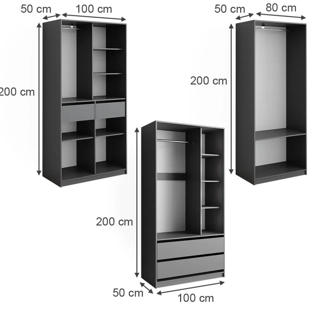 Kleiderschrank Elmo Anthrazit 100 x 200 cm Set mit 3 Teile ^ Vicco New