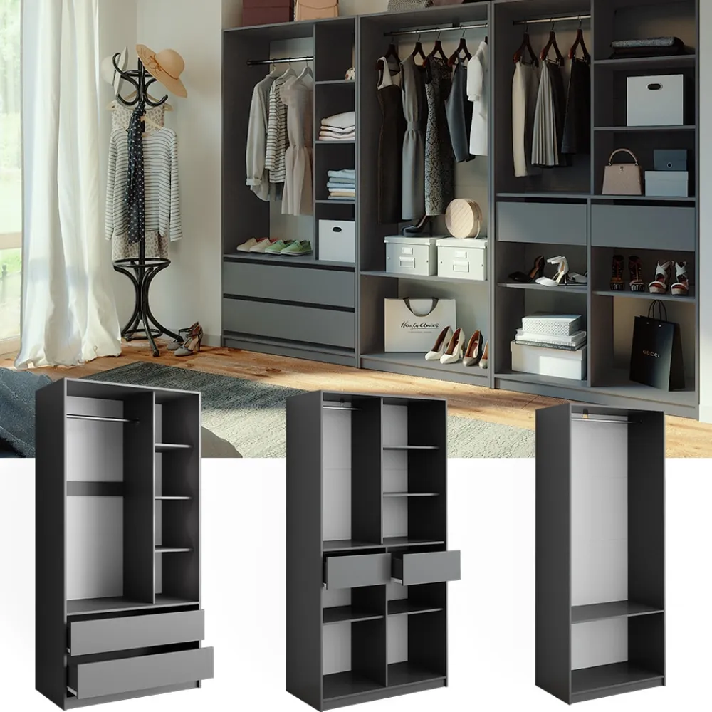 Kleiderschrank Elmo Anthrazit 100 x 200 cm Set mit 3 Teile ^ Vicco New