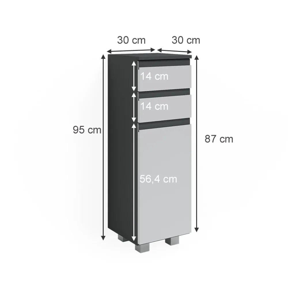 Midischrank Badschrank Badezimmermöbel J-shape Anthrazit Weiß modern 30x95cm Badezimmer Schrank Badmöbel Schranktür Schrankschublade Schrankfach Ablage Aufbewahrung ^ Vicco New