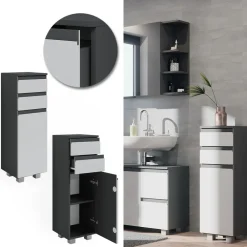 Midischrank Badschrank Badezimmermöbel J-shape Anthrazit Weiß modern 30x95cm Badezimmer Schrank Badmöbel Schranktür Schrankschublade Schrankfach Ablage Aufbewahrung ^ Vicco New