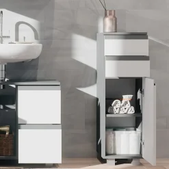 Midischrank Badschrank Badezimmermöbel J-shape Anthrazit Weiß modern 30x95cm Badezimmer Schrank Badmöbel Schranktür Schrankschublade Schrankfach Ablage Aufbewahrung ^ Vicco New