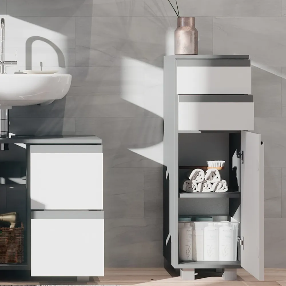 Midischrank Badschrank Badezimmermöbel J-shape Anthrazit Weiß modern 30x95cm Badezimmer Schrank Badmöbel Schranktür Schrankschublade Schrankfach Ablage Aufbewahrung ^ Vicco New