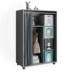 Vicco mobiler Kinderkleiderschrank Dielenschrank Garderobe Doros Grau modern 100 x 147 cm Faltboxen offen rollbar Discount