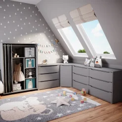 Vicco mobiler Kinderkleiderschrank Dielenschrank Garderobe Doros Grau modern 100 x 147 cm Faltboxen offen rollbar Discount