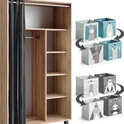 Vicco mobiler Kinderkleiderschrank Dielenschrank Garderobe Doros Sonoma modern 100 x 168 cm Faltboxen offen rollbar Online
