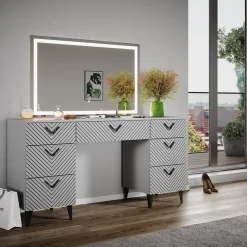 Vicco Schminktisch Anett Grau mit LED-Spiegel, 150 x 78 cm, 7 Schubladen Hot