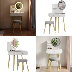 Schminktisch Edda LED-Spiegel Hocker 60 x 76 cm Weiß Frisiertisch modern ^ Vicco Online