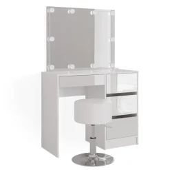 Vicco Schminktisch Frisiertisch Frisierkommode Sherry Weiß Schminkspiegel LED Hocker 90x75 cm modern Schlafzimmer Kommode Schublade Ablage Aufbewahrung Kosmetiktisch Make-Up-Tisch Hochglanz Clearance