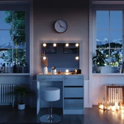 Vicco Schminktisch Frisiertisch Frisierkommode Sherry Weiß Schminkspiegel LED Hocker 90x75 cm modern Schlafzimmer Kommode Schublade Ablage Aufbewahrung Kosmetiktisch Make-Up-Tisch Hochglanz Clearance