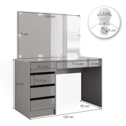 Vicco Schminktisch Frisiertisch Frisierkommode Sherry Grau Schminkspiegel LED 120x75 cm modern Schlafzimmer Kommode Schublade Ablage Aufbewahrung Kosmetiktisch Make-Up-Tisch Hochglanz Sale