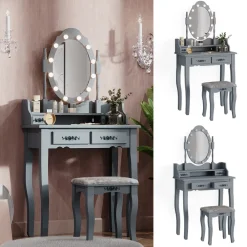 Vicco Schminktisch Frisiertisch Kosmetiktisch Maggie Grau Schminkspiegel Hocker 75x147 Barock LED Beleuchtung Schlafzimmerkommode Schminkkommode Schublade Aufbewahrung Frisierkommode Make-Up-Tisch Outlet