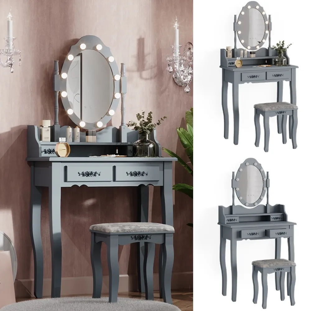 Vicco Schminktisch Frisiertisch Kosmetiktisch Maggie Grau Schminkspiegel Hocker 75x147 Barock LED Beleuchtung Schlafzimmerkommode Schminkkommode Schublade Aufbewahrung Frisierkommode Make-Up-Tisch Outlet