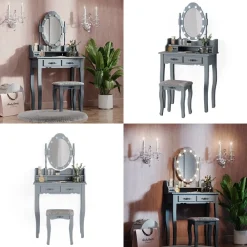 Vicco Schminktisch Frisiertisch Kosmetiktisch Maggie Grau Schminkspiegel Hocker 75x147 Barock LED Beleuchtung Schlafzimmerkommode Schminkkommode Schublade Aufbewahrung Frisierkommode Make-Up-Tisch Outlet