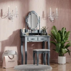 Vicco Schminktisch Frisiertisch Kosmetiktisch Maggie Grau Schminkspiegel Hocker 75x147 Barock LED Beleuchtung Schlafzimmerkommode Schminkkommode Schublade Aufbewahrung Frisierkommode Make-Up-Tisch Outlet