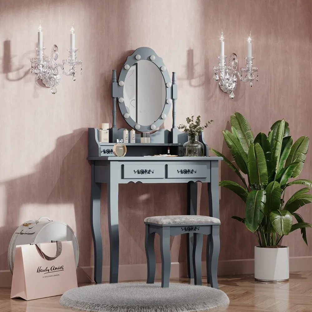 Vicco Schminktisch Frisiertisch Kosmetiktisch Maggie Grau Schminkspiegel Hocker 75x147 Barock LED Beleuchtung Schlafzimmerkommode Schminkkommode Schublade Aufbewahrung Frisierkommode Make-Up-Tisch Outlet