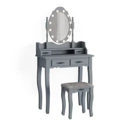 Vicco Schminktisch Frisiertisch Kosmetiktisch Maggie Grau Schminkspiegel Hocker 75x147 Barock LED Beleuchtung Schlafzimmerkommode Schminkkommode Schublade Aufbewahrung Frisierkommode Make-Up-Tisch Outlet