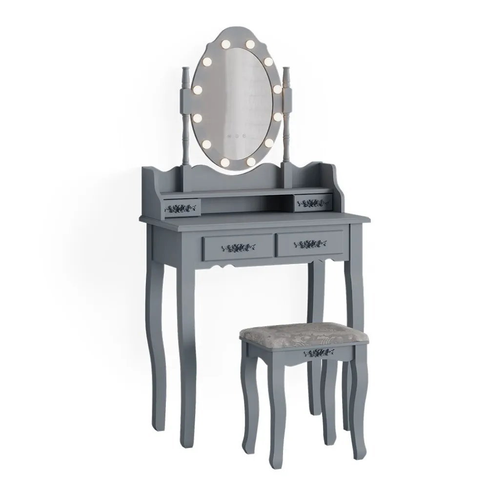 Vicco Schminktisch Frisiertisch Kosmetiktisch Maggie Grau Schminkspiegel Hocker 75x147 Barock LED Beleuchtung Schlafzimmerkommode Schminkkommode Schublade Aufbewahrung Frisierkommode Make-Up-Tisch Outlet