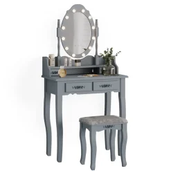 Vicco Schminktisch Frisiertisch Kosmetiktisch Maggie Grau Schminkspiegel Hocker 75x147 Barock LED Beleuchtung Schlafzimmerkommode Schminkkommode Schublade Aufbewahrung Frisierkommode Make-Up-Tisch Outlet
