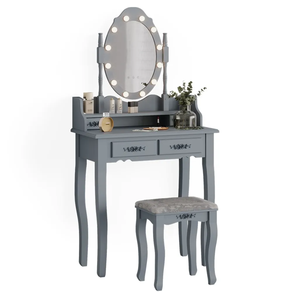 Vicco Schminktisch Frisiertisch Kosmetiktisch Maggie Grau Schminkspiegel Hocker 75x147 Barock LED Beleuchtung Schlafzimmerkommode Schminkkommode Schublade Aufbewahrung Frisierkommode Make-Up-Tisch Outlet