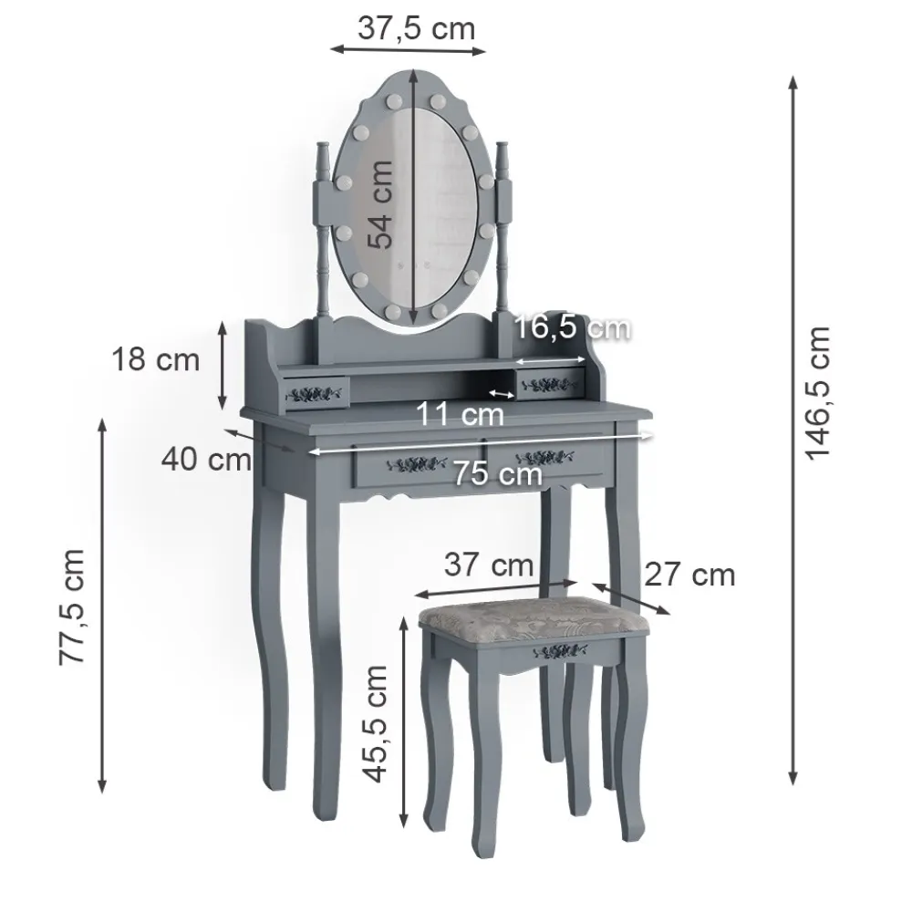 Vicco Schminktisch Frisiertisch Kosmetiktisch Maggie Grau Schminkspiegel Hocker 75x147 Barock LED Beleuchtung Schlafzimmerkommode Schminkkommode Schublade Aufbewahrung Frisierkommode Make-Up-Tisch Outlet