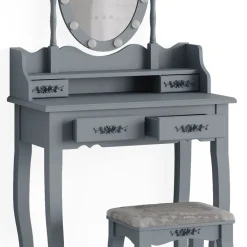 Vicco Schminktisch Frisiertisch Kosmetiktisch Maggie Grau Schminkspiegel Hocker 75x147 Barock LED Beleuchtung Schlafzimmerkommode Schminkkommode Schublade Aufbewahrung Frisierkommode Make-Up-Tisch Outlet