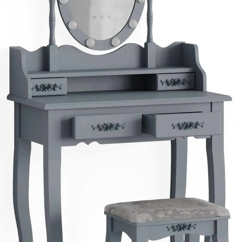 Vicco Schminktisch Frisiertisch Kosmetiktisch Maggie Grau Schminkspiegel Hocker 75x147 Barock LED Beleuchtung Schlafzimmerkommode Schminkkommode Schublade Aufbewahrung Frisierkommode Make-Up-Tisch Outlet