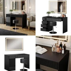 Vicco Schminktisch Omira Schwarz 120 cm mit LED-Spiegel und Hocker New