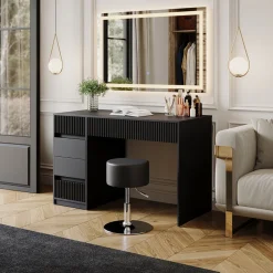 Vicco Schminktisch Omira Schwarz 120 cm mit LED-Spiegel und Hocker New