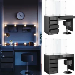 Vicco Schminktisch Sherry Anthrazit Hochglanz Frisiertisch LED Spiegel Hocker Outlet