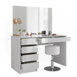 Schminktisch Sherry Weiß Hochglanz Gold 120 x 75 cm 5 Schubladen Spiegel Hocker ^ Vicco Discount