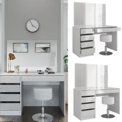 Schminktisch Sherry Weiß Hochglanz Gold 120 x 75 cm 5 Schubladen Spiegel Hocker ^ Vicco Discount