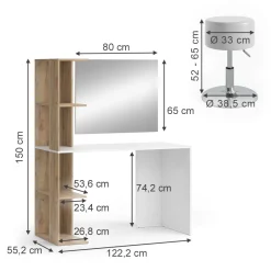 Schminktisch Tower Weiß Sonoma 122 x 55 cm mit Spiegel und Hocker ^ Vicco Discount
