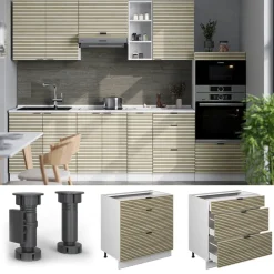 Vicco Schubladenunterschrank Fame-Line Weiß Eiche gefräst 80 cm mit Arbeitsplatte Eiche Clearance