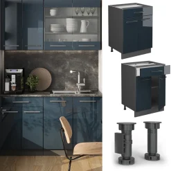 Schubunterschrank Fame-Line Anthrazit Dunkelblau Hochglanz 60 cm mit Arbeitsplatte Anthrazit ^ Vicco Online