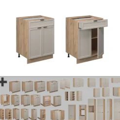 Schubunterschrank Fame-Line Eiche Grau-Beige gerahmt 60 cm mit Arbeitsplatte Eiche ^ Vicco Outlet