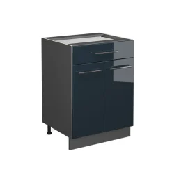 Schubunterschrank Fame-Line Anthrazit Dunkelblau Hochglanz 60 cm mit Arbeitsplatte Eiche ^ Vicco Hot