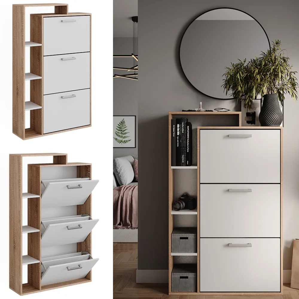 Vicco Schuhkipper Orlando Eiche Weiß 80 x 128,3 cm mit 3 Fächern Discount