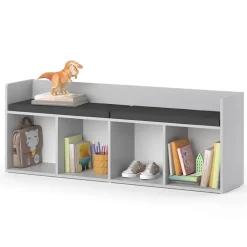 Sitzbank Kinderzimmerbank Kinderregal Luigi Hellgrau 142x53 cm modern Kinderzimmer Regal Aufbewahrungsregal Bücherregal Lesebank Spielzeugaufbewahrung Organizer Regal-Bank-Kombi 4 Fächer ^ Vicco New