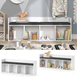 Vicco Sitzbank Kinderzimmerbank Kinderregal Luigi Weiß 142x53 cm modern Kinderzimmer Regal Aufbewahrungsregal Bücherregal Lesebank Spielzeugaufbewahrung Organizer Regal-Bank-Kombi 4 Fächer New