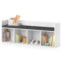 Vicco Sitzbank Kinderzimmerbank Kinderregal Luigi Weiß 142x53 cm modern Kinderzimmer Regal Aufbewahrungsregal Bücherregal Lesebank Spielzeugaufbewahrung Organizer Regal-Bank-Kombi 4 Fächer New