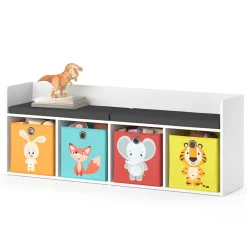 Vicco Sitzbank Kinderzimmerbank Kinderregal Luigi Weiß 142x53 cm modern Faltbox Kinderzimmer Regal Aufbewahrungsregal Bücherregal Lesebank Spielzeugaufbewahrung Organizer Regal-Bank-Kombi 4 Fächer Clearance