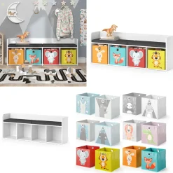 Vicco Sitzbank Kinderzimmerbank Kinderregal Luigi Weiß 142x53 cm modern Faltbox Kinderzimmer Regal Aufbewahrungsregal Bücherregal Lesebank Spielzeugaufbewahrung Organizer Regal-Bank-Kombi 4 Fächer Clearance