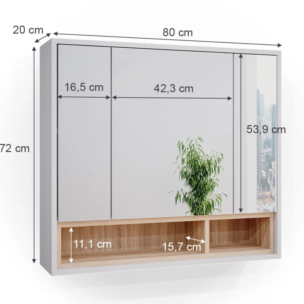 Spiegelschrank Badschrank Badspiegel 80cm Badmöbel Beatrice 3-türig Ablage ^ Vicco