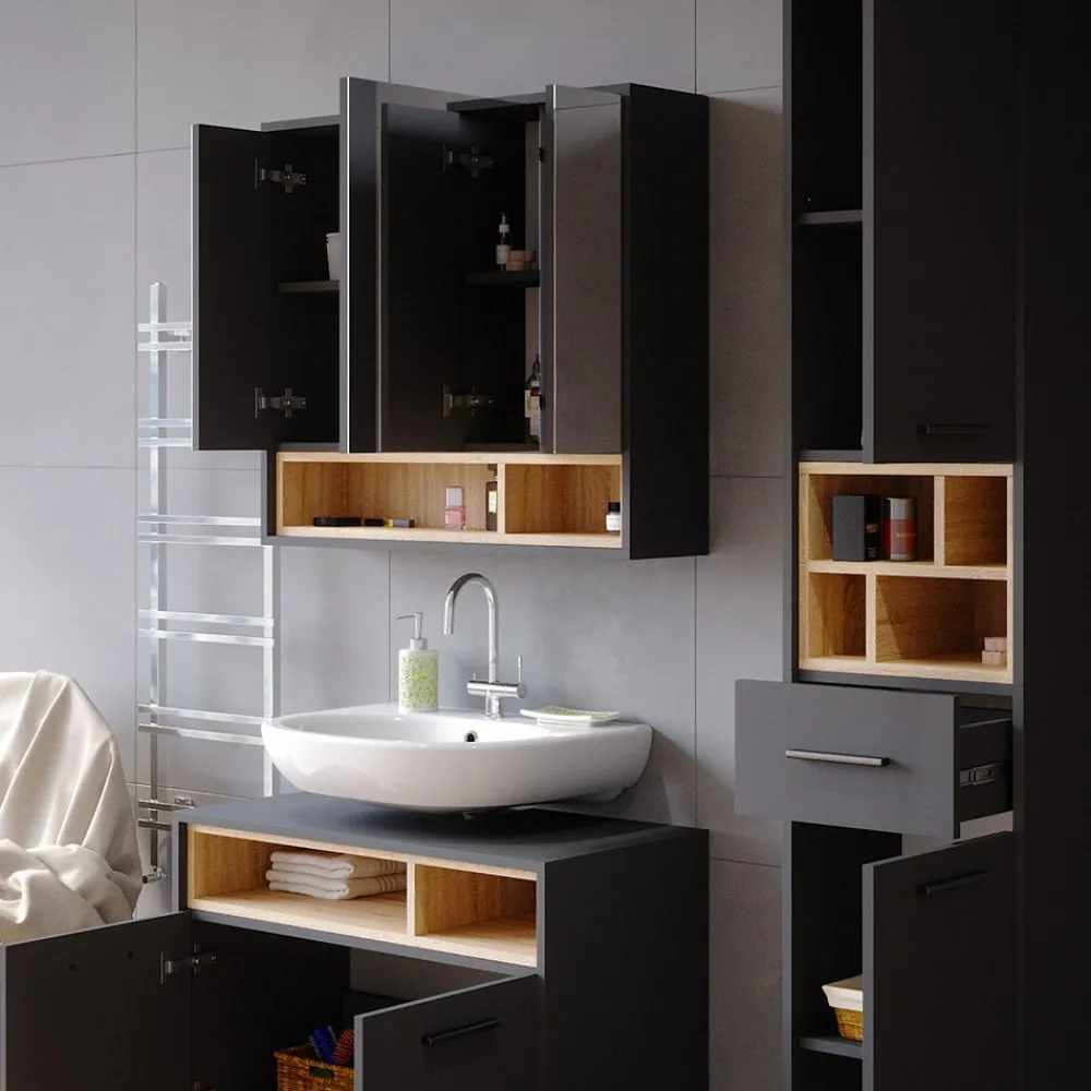 Spiegelschrank Badschrank Badspiegel 80cm Badmöbel Beatrice 3-türig Ablage ^ Vicco Best