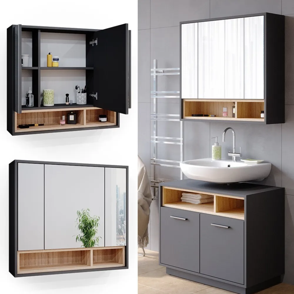 Spiegelschrank Badschrank Badspiegel 80cm Badmöbel Beatrice 3-türig Ablage ^ Vicco Best