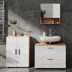 Vicco Spiegelschrank Badspiegel Wandspiegel Irma Eiche Weiß Hochglanz modern 54x55 cm Badezimmer Schrank Badschrank Badezimmermöbel Badmöbel 2 Türen