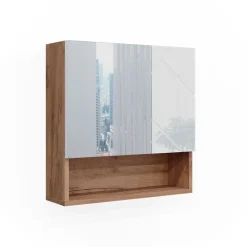 Vicco Spiegelschrank Badspiegel Wandspiegel Irma Eiche Weiß Hochglanz modern 54x55 cm Badezimmer Schrank Badschrank Badezimmermöbel Badmöbel 2 Türen