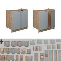 Spülenunterschrank Fame-Line Eiche Hellblau-Grau gerahmt 80 cm mit Arbeitsplatte Eiche ^ Vicco